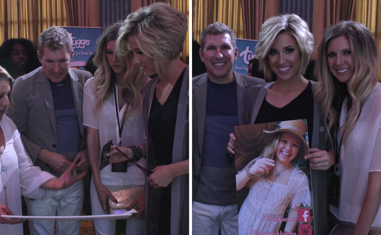 Savannah Chrisley, Todd Chrisley, and Lindsie Chrisley try on pieces from Pink Karma's new jewelry line while also posing for a picture with Pink Karma's social media poster. Pink Karma debuted their new line at Celebrity Connected's Luxury Oscar Gifting Suite in 2016.